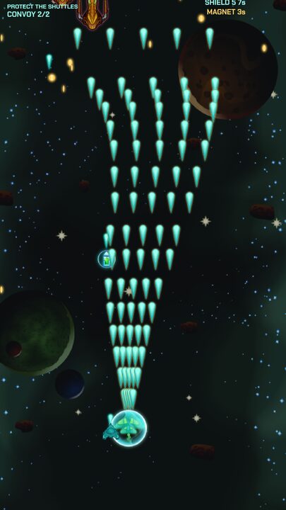 Gameplay — escorting shuttles through enemy fire
