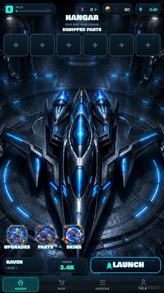 Raven in the hangar with parts, upgrades and skins controls
